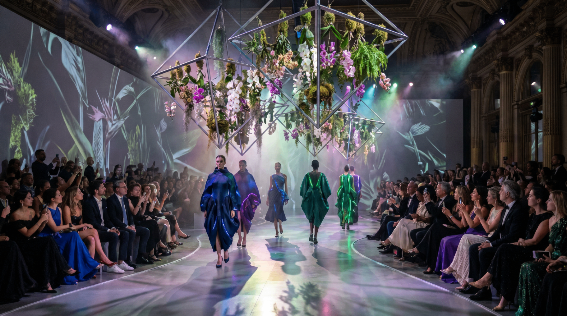 Fashion runway installation with suspended floral geometry