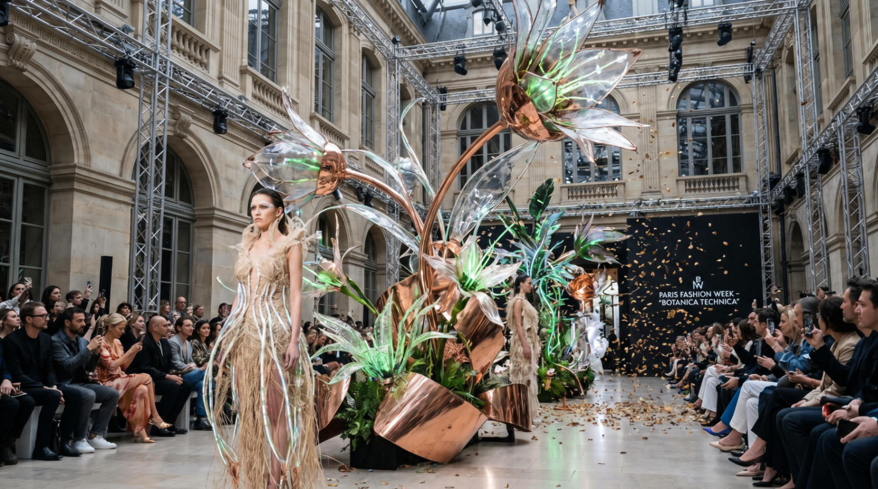 Paris runway botanical installation with metallic sculptural florals
